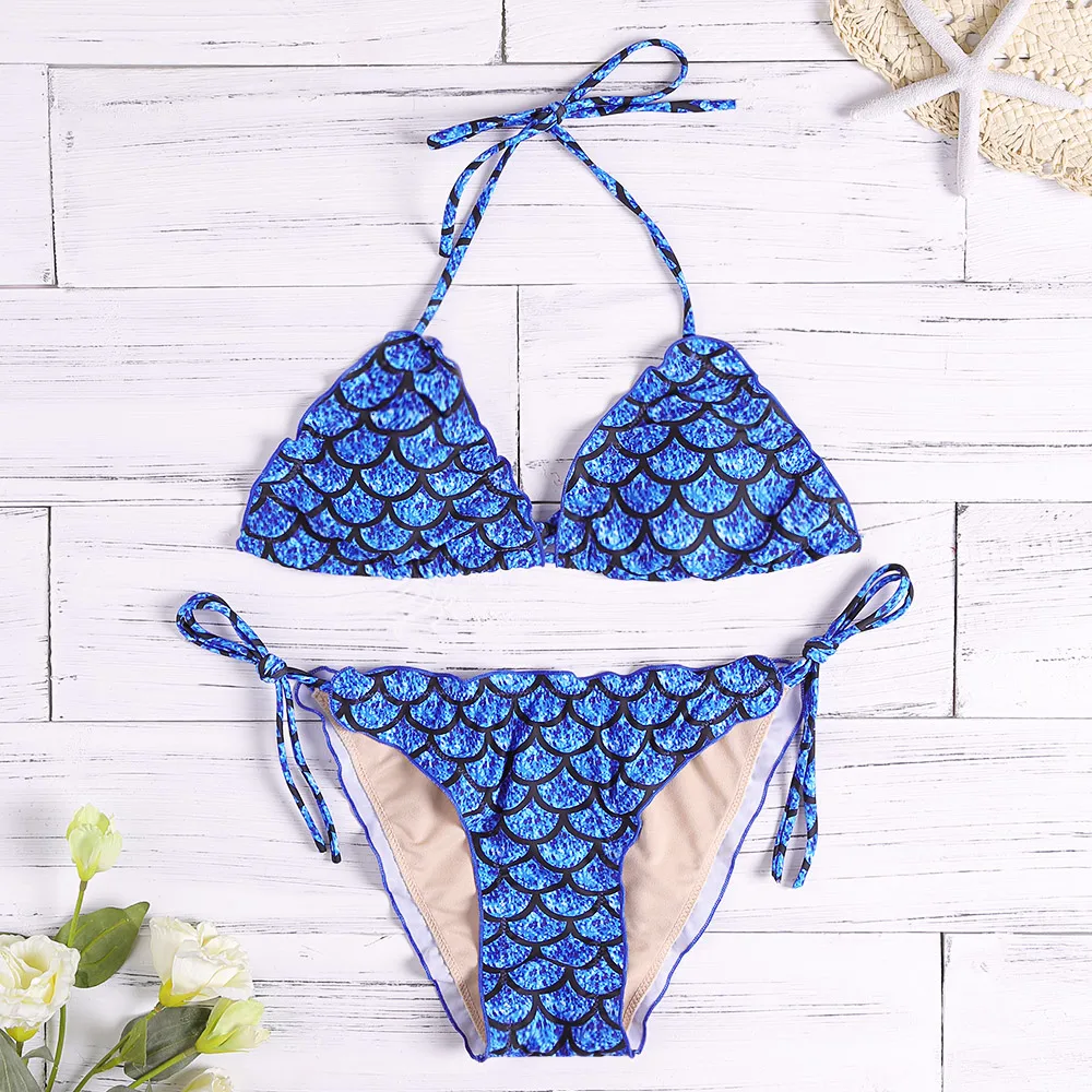 Buy Gameit Women Sexy Bikini Swimwear Fish Scales Print Ruffle Strap Side Tied
