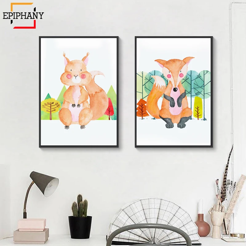 Us 2 99 47 Off Woodland Anmial Nursery Wall Art Prints Fox Badger Squirrel Cute Anime Poster Scandinavian Painting Picture Kids Bedroom Decor In