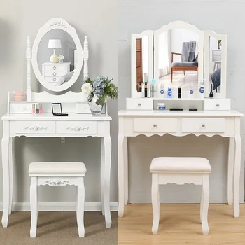 

2 Style MDF Board Dressing Table with Stool White Modern Simple Fashion Multifunctional Small Size Makeup Mirror Fast Arrive HWC