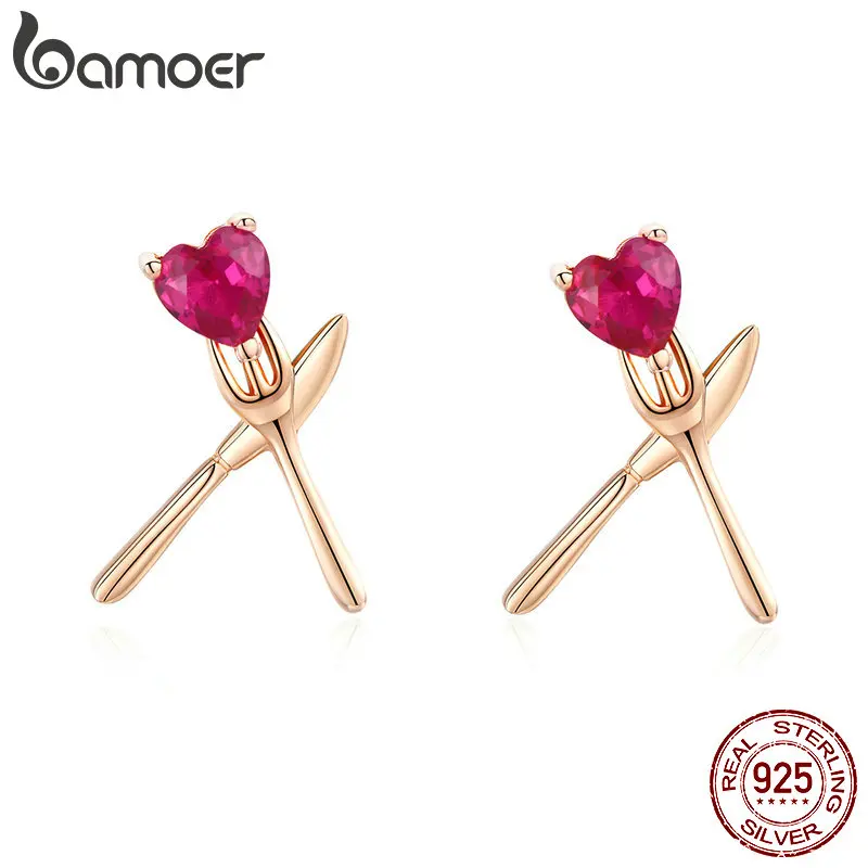 

BAMOER Cute Korean Earrings for Women Pure 925 Sterling Silver Heart-shape CZ Faminly Food Stud Earring Trendy 2019 BSE054