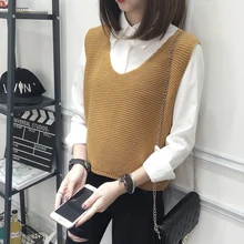 Осень Зима модный осенний Свободный вязаный жилет и платье без рукавов с v-образным вырезом женский свитер Универсальный Пуловер Полный женский