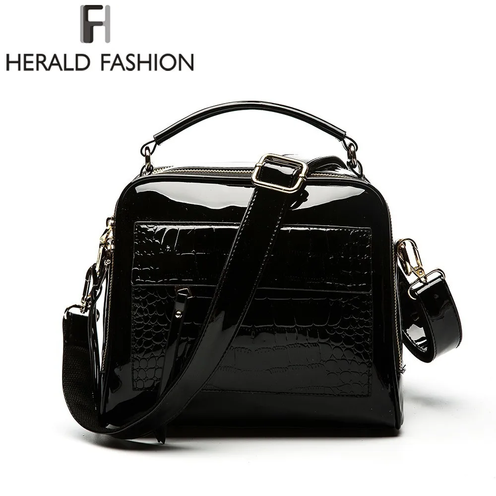 Herald Fashion Women Patent Leather Handbags Crocodile Design Shopper Tote Bag Female Luxurious Shoulder Bags