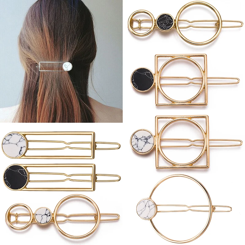 

Popular 1PC Metal Girls Circle Hair Clip Square Women Hair Clips Natural Stone Hair Accessories Wedding Barrettes Hairpins