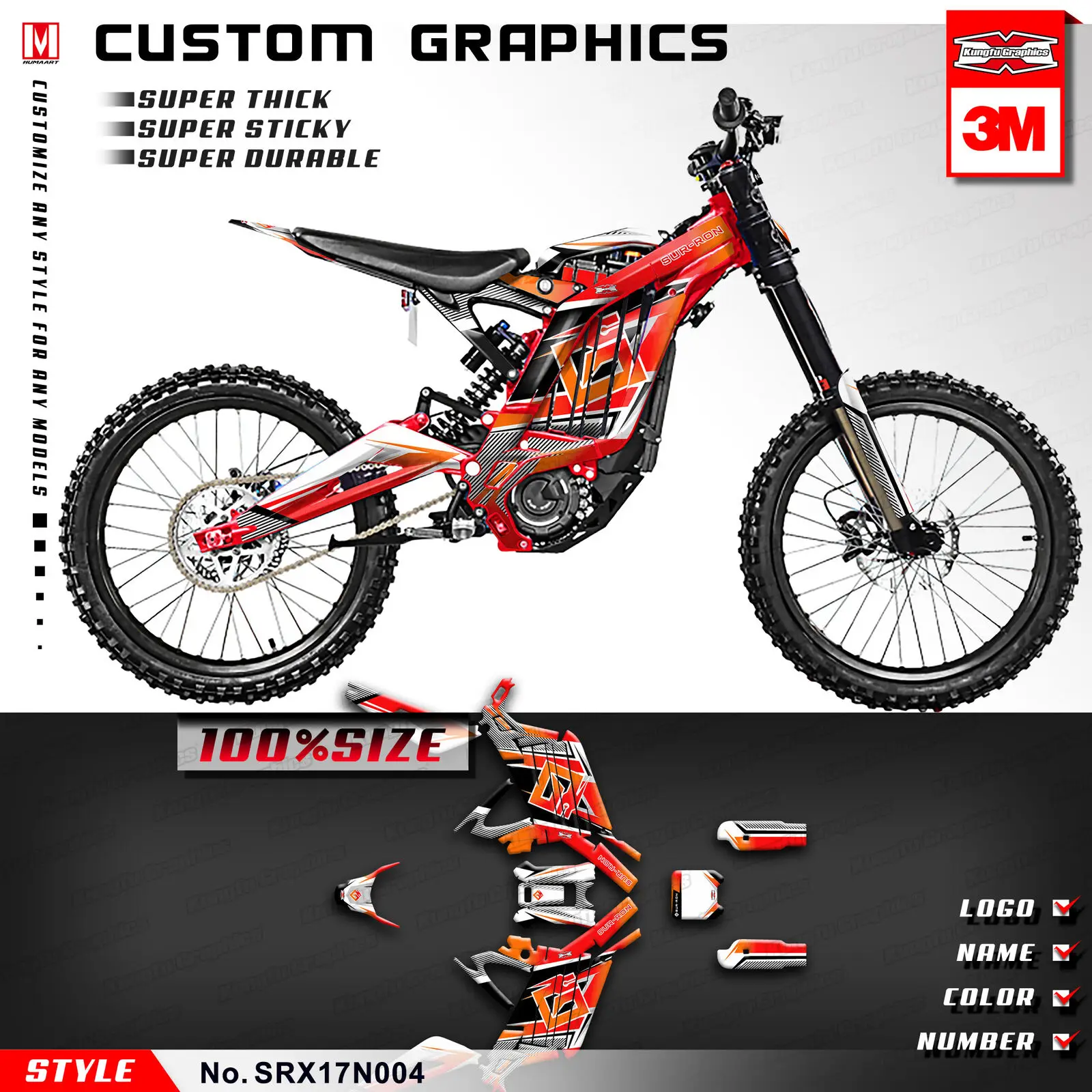 

KUNGFU GRAPHICS Motocross Racing Stickers Kit Vinyl Wrap Decals for Sur-Ron Light Bee X Electric Dirt Bike (Style no. SRX17N004)