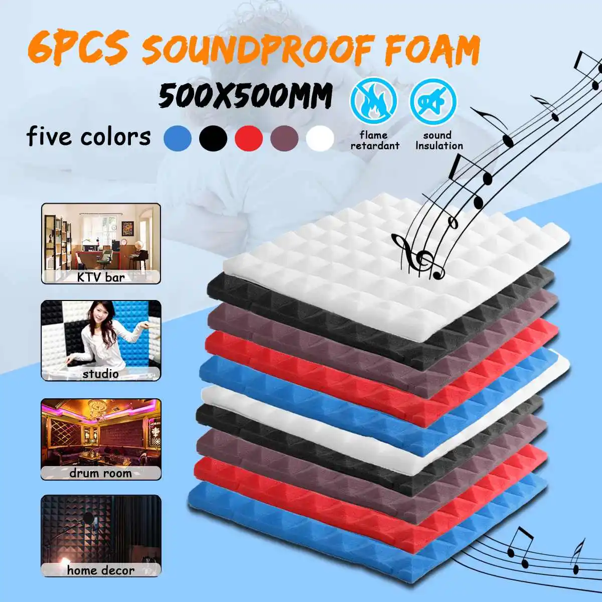 

6PCS 500x500mm Sponge Soundproofing Foam Sound-Absorbing Noise Sponge Foams For KTV Studio Home Decor