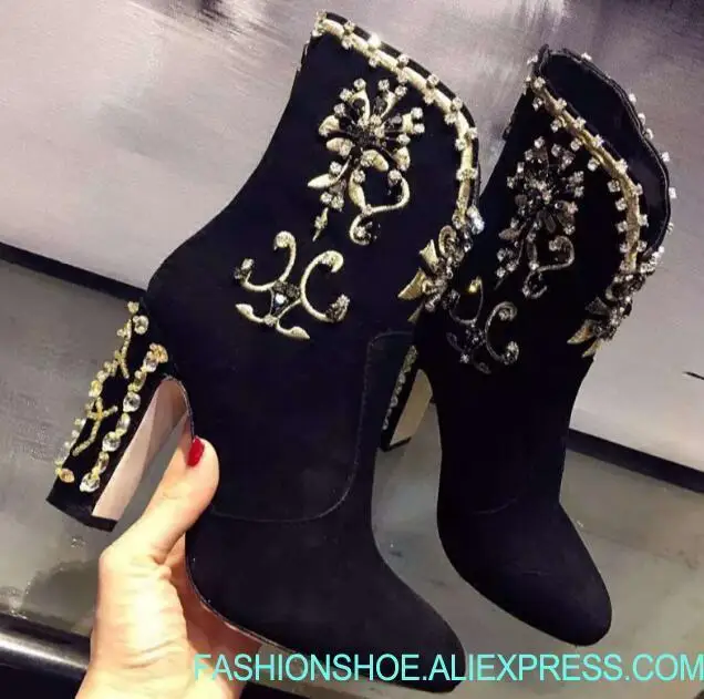 

luxurious diamonds beading chunky high heel woman rhinestone ankle boots custom make woman flower diamonds short boots