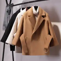 Женское Короткое шерстяное пальто с поясом, куртка осень-зима, Женская Толстая куртка, шерстяное пальто, повседневное женское пальто