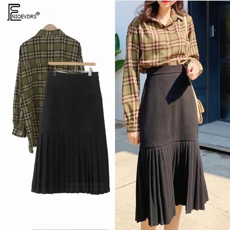 

2019 Top and Skirts Sets Women Cute Sweet Girls Preppy Style Vintage Basis Button Shirt Suits Matching Clothes Two Piece Sets
