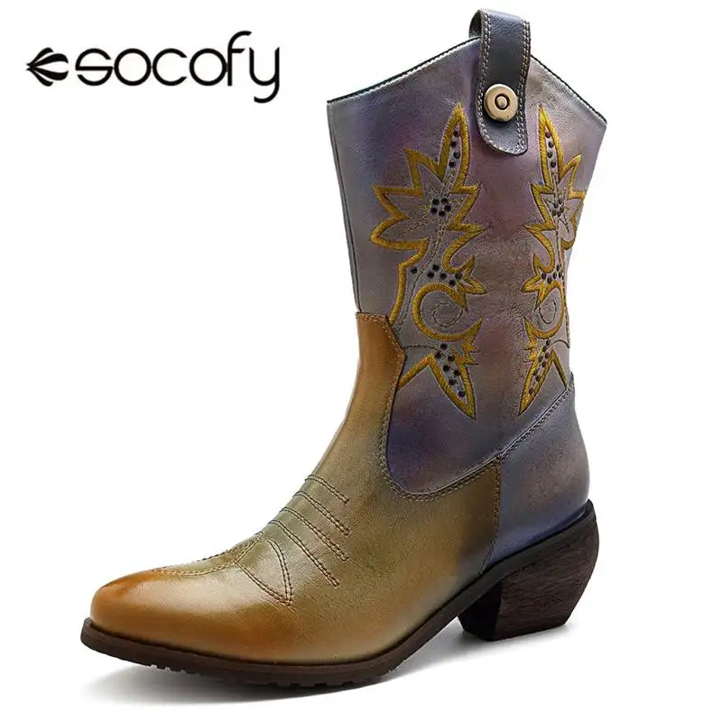 Socofy Retro Cowgirl Mid calf Boots Women Shoes Woman Genuine Leather