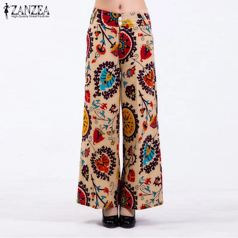 

ZANZEA Women Wide Leg Pants Ladies Vintage Floral Print Long Trousers Elegant Pockets Zipper Pantalon Femme Streetwear Plus Size