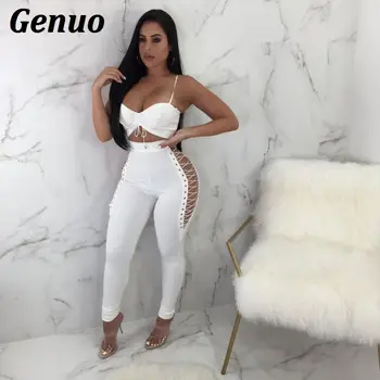 

Genuo Sexy 2 Piece Set for Women Front Bandage Strap Crop Top Lace Up High Waist Pencil Pants Two Piece Set Party Club Outfits