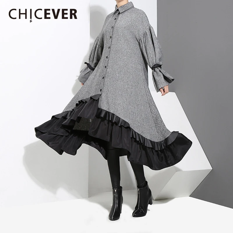 CHICEVER Winter Irregular Women Dress Tunic Flare Sleeve Loose Big Size Patchwork Hem Dresses Female Clothes Fashion Vestidos | Женская