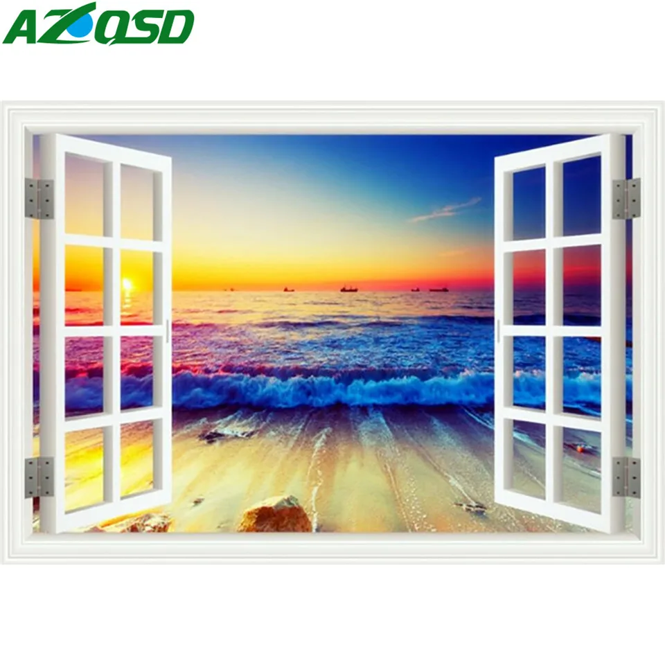 

AZQSD Diamond Embroidery Landscape Window Handmade Home Decor Diamond Painting Scenic Sea Picture Of Rhinestones Crafts Gift