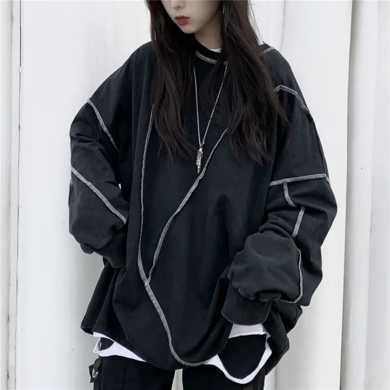 

Loose Streetwear Women Long Sleeve O-neck Lines Sweatshirt Harajuku Fleece