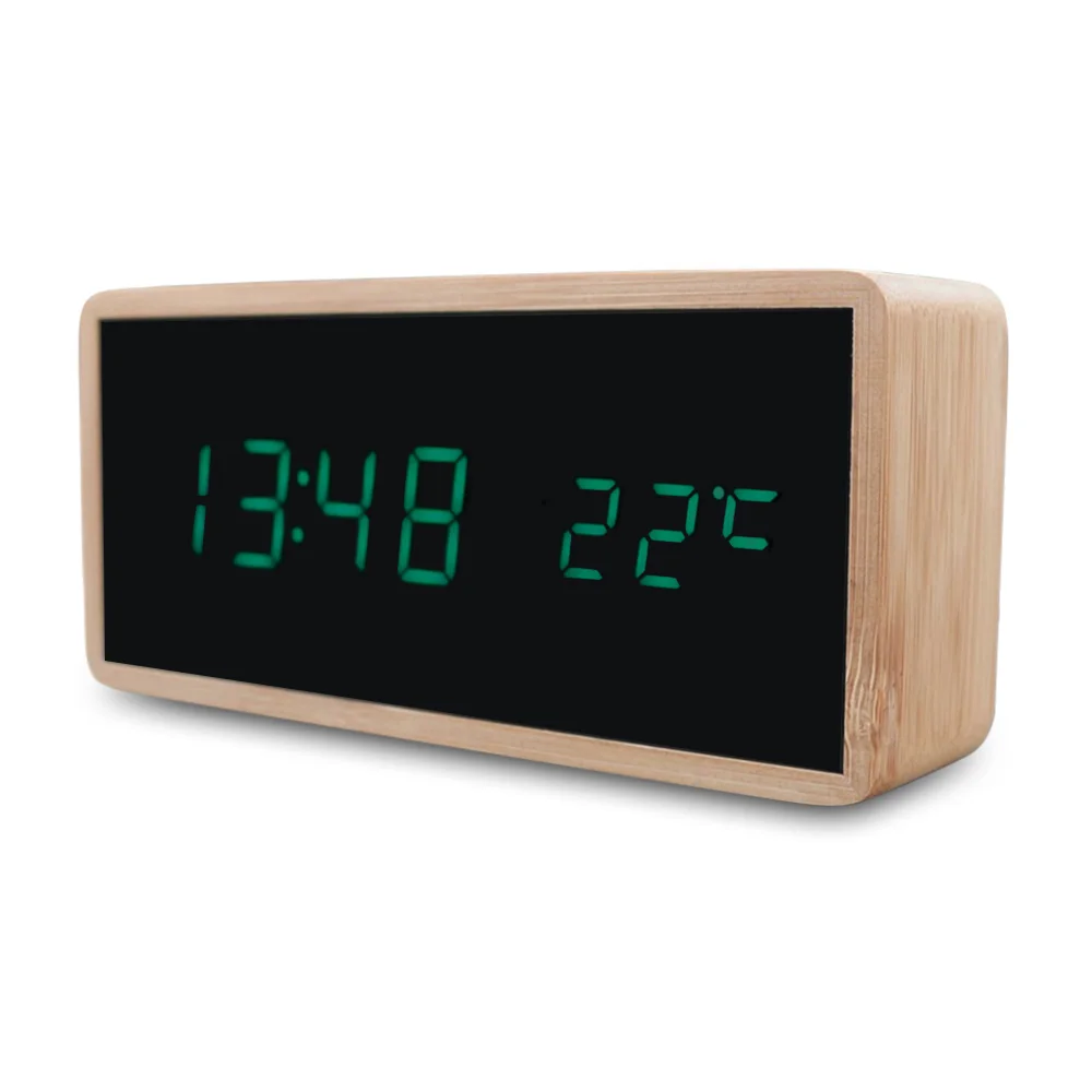 New Bamboo Wooden Alarm Clock LED Display With Mirror Temperature Digital Watch Desktop Digital Table Clock