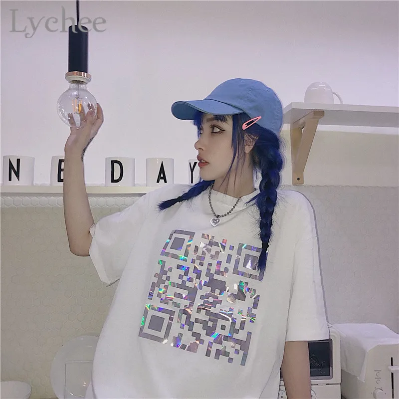 Lychee Harajuku qr код лазерные женские футболки Топы Футболки с круглым вырезом Лето