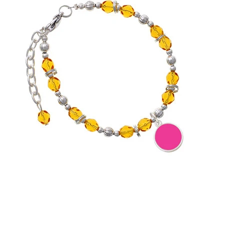 Silvertone Small Hot Pink Enamel Disc Yellow Beaded Bracelet |