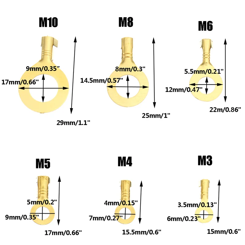 150 шт. Золотое кольцо, позолоченные латунные неизолированные обжимные клеммы, соединители кабеля, провода, соединители M3-M10