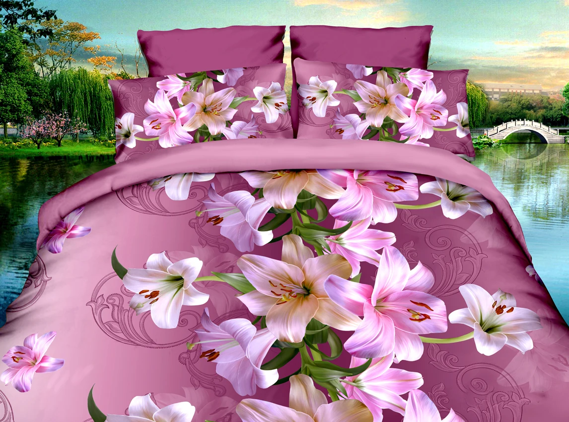 4x 3D Lily Flower Bedding Set King Size Duvet Cover Bed Sheet 2 Pillowcases N7Y2 
