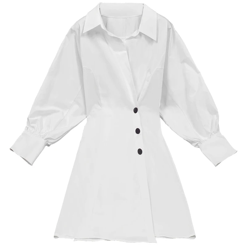 DEAT Новое однобортное белое платье с отворотным воротником и рукавами-фонариками на пуговицах с высокой талией женские стильные рубашки WF04300L