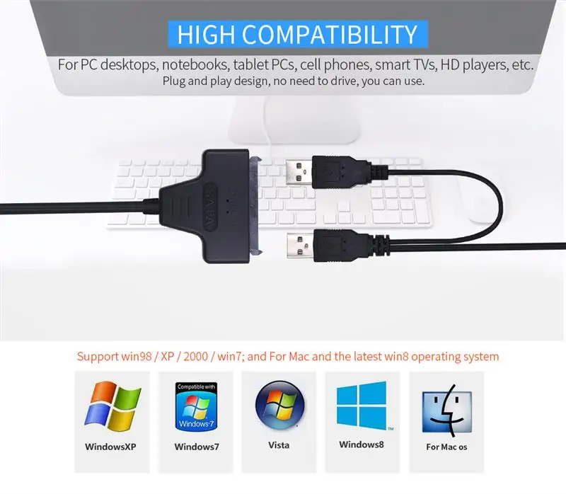 AOZBZ Кабель-адаптер USB 2,0 SATA 15+ 7 Pin для USB 2,0 кабель-адаптер для 2," SATA жесткого диска