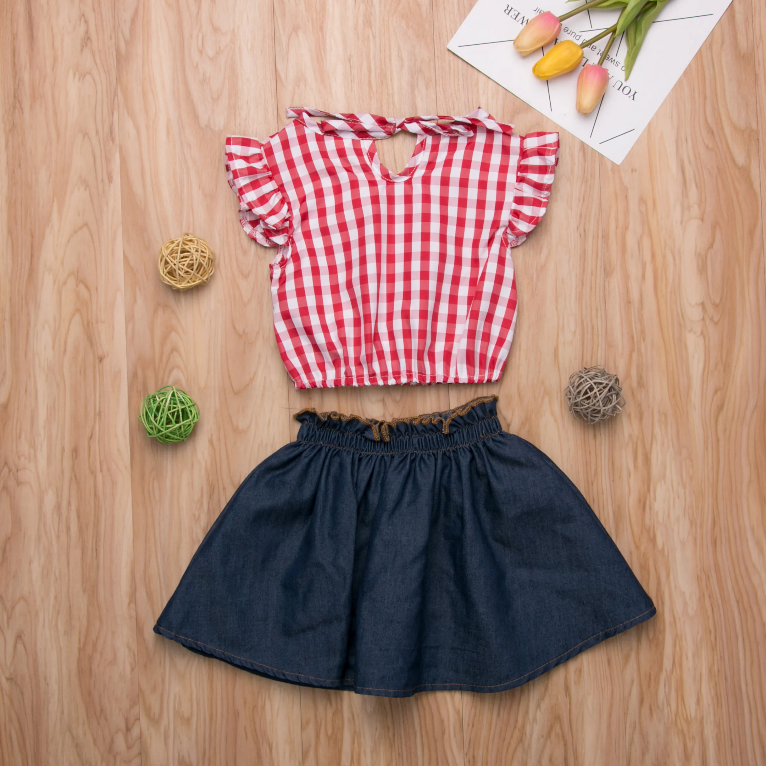 Sweet Toddler Girls Summer Plaids Tops Shirt+Jeans Shorts 2PCS Outfits Set 1-6Y
