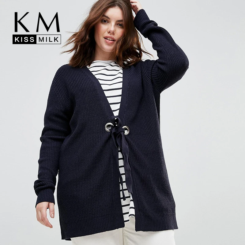 

Kissmilk Plus Size Simple and versatile loose Cardigan round hole straps ridge line woven sweater