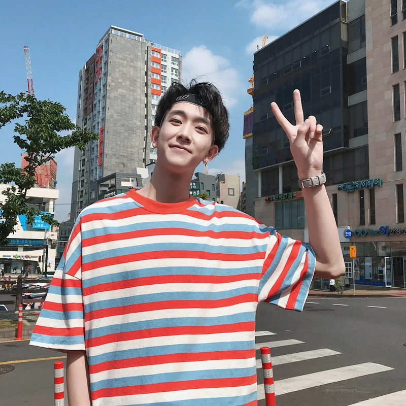 2019 Summer Men's Fashion Trend Stripe Printing Male Black/red/yellow/blue Color Men Cotton Clothing T-shirts Plus Size tshirt