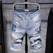 Модные мужские рваные короткие джинсы, открытые Бермуды, летние винтажные потертые шорты с дырками, ковбойские джинсовые шорты до колен для мужчин