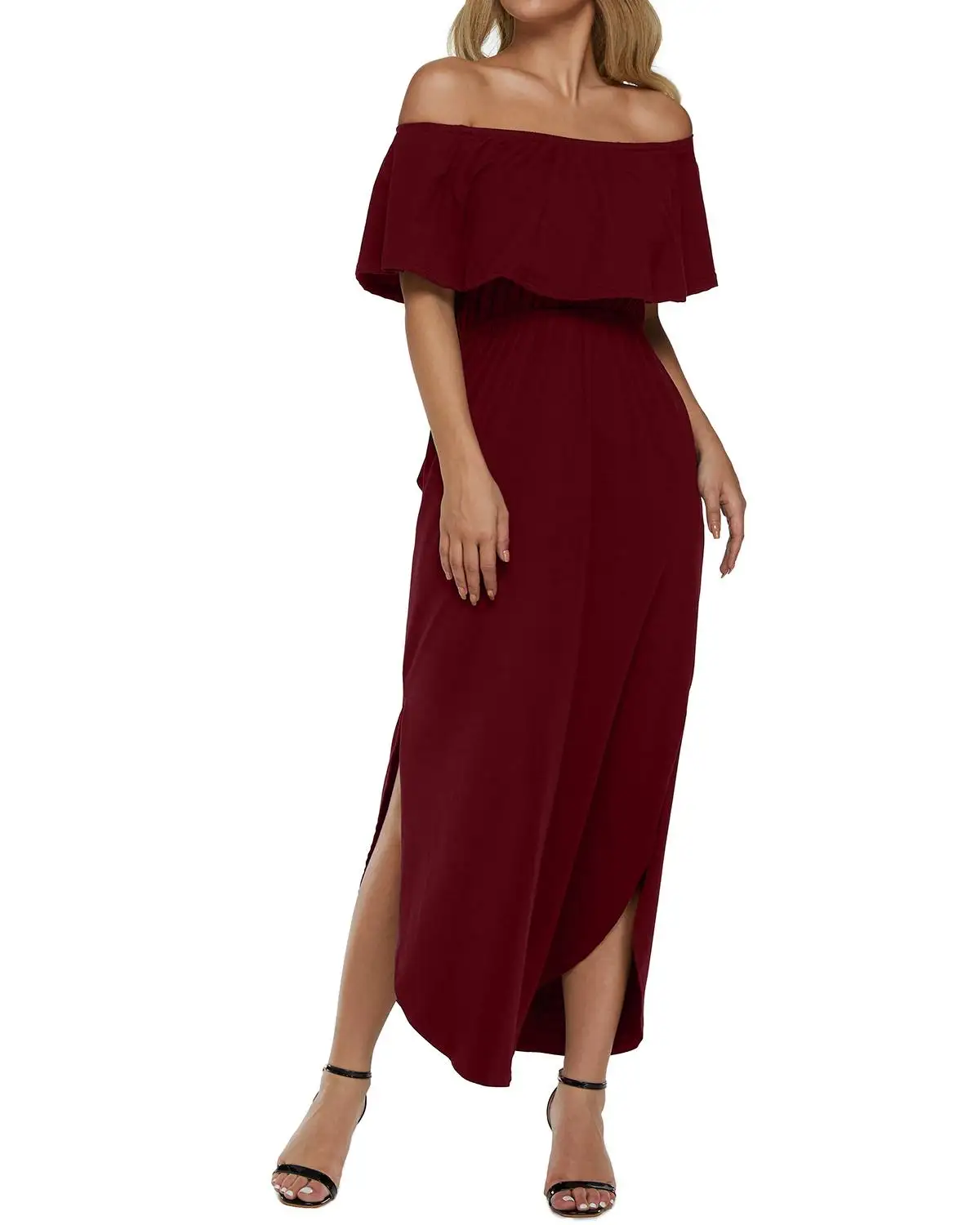 

Summer Women Maxi Dresses Sexy Off Shoulder Short Sleeve Long Dress With Pockets Casual Solid Color Ruffles Side Split Dress 2XL
