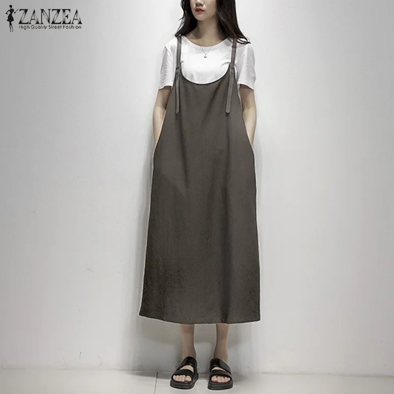 

2019 ZANZEA Summer Dress Women's Sundress Casual Strap Overalls Vestidos Vintage Cotton Linen Midi Dress Party Robe Plus Size
