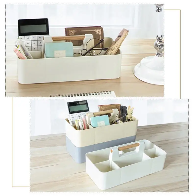 

Storage Box Desktop Wooden Handle Stacking Compartment Multi-functional Cosmetic Storage Table Stationery Case Makeup Organizer