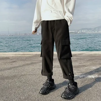 

2018 Winter Men's Fashion Pocket Thicken Woolen Blends Pants Elastic Waist Loose Casual Warm Black/Khaki Color Trousers M-2XL