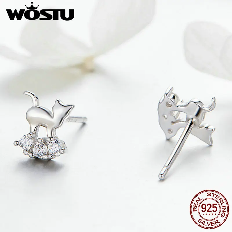 WOSTU милые 925 пробы серебряные серьги кристалл милый кот Циркон миниатюрные серьги-гвоздики для женщин Свадебная вечеринка ювелирные изделия подарок CQE537