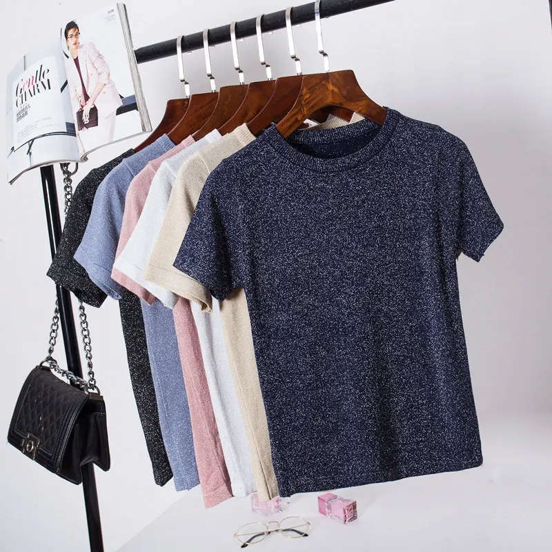 

2019 Spring Summer Korean Female Glitter T Shirt Solid Color Vogue Basic Knitted Tops Short Sleeve Fashion Women Sexy T-shirt