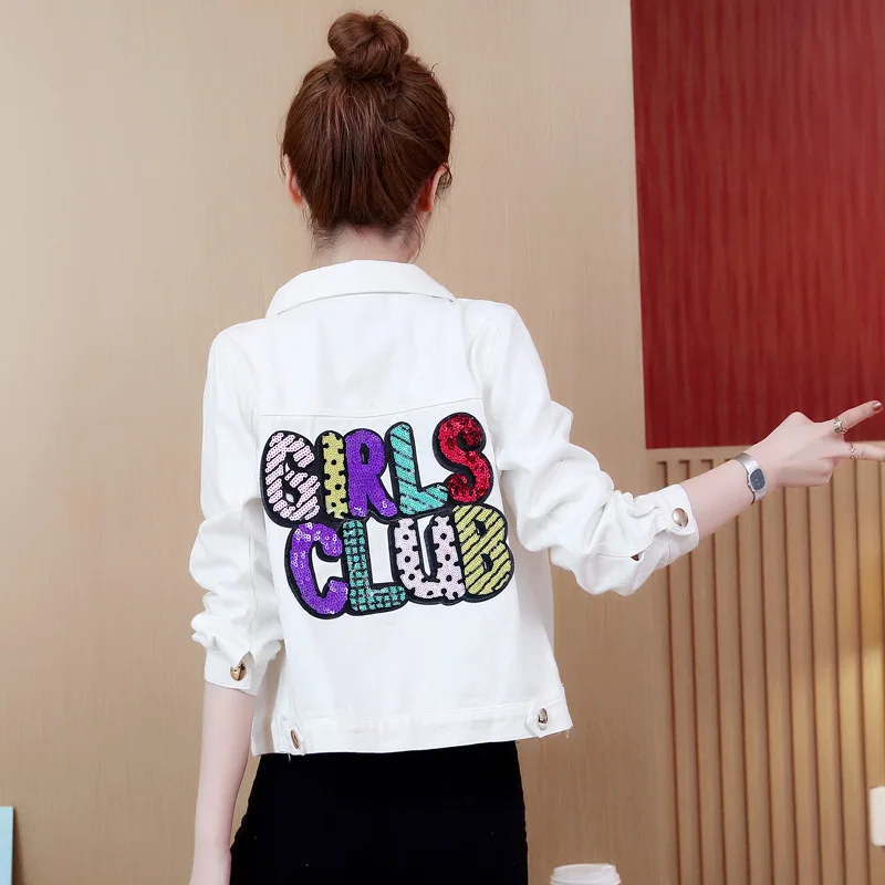 #3137 Neon Red/White Denim Jacket Women Short With Sequins Jeans Coat Ladies Casual Korean Style Spring 2019 Outerwear Womens
