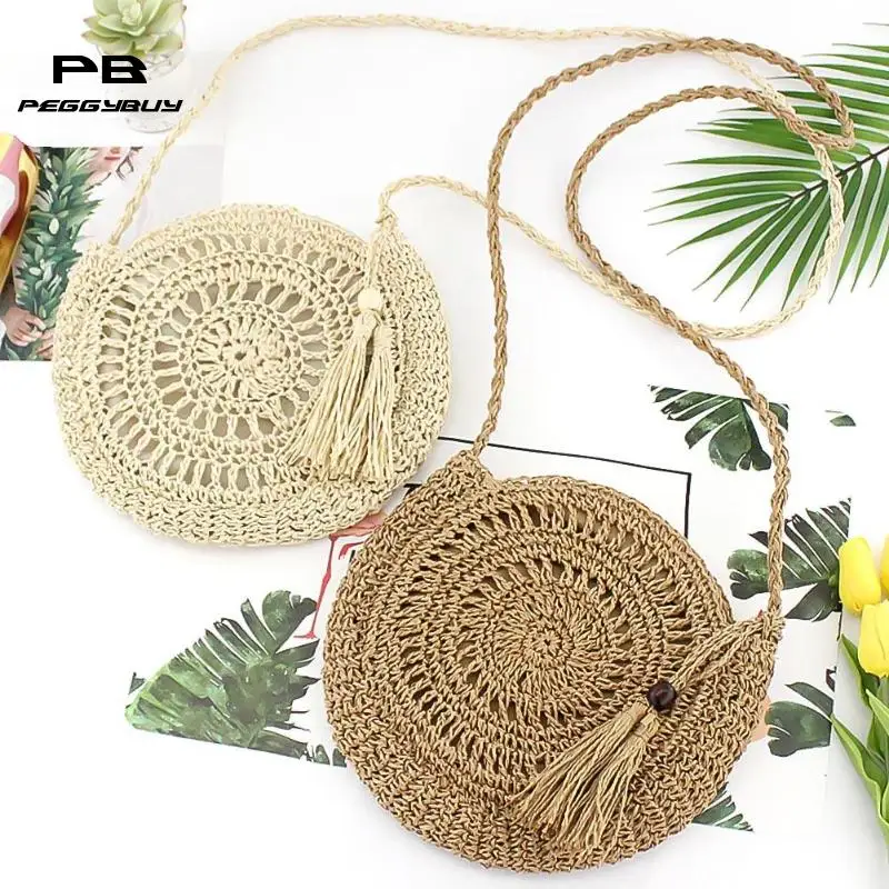 

Fashion Women Summer Beach Bag Knitted Crossbody Bags Round Woven Hollowed Shoulder Messenger Bag Handbags Casual Shopping Tote