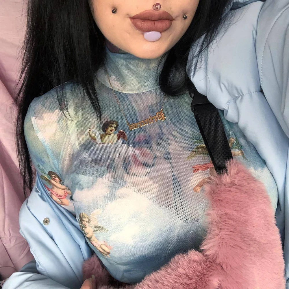 

Sexy High Neck T Shirt Women Transparent Sheer Mesh Long Sleeve Turtleneck See Through T-Shirts Ladies Tops Shirt Clubwear
