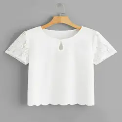 2019 Новая модная женская футболка с круглым вырезом Топы повседневные Короткий кружевной рукав футболки Летние однотонные белые футболки