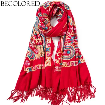 

Embroidery Shawl Paisley Cashmere Scarf Soft Brushed Ponchos Pashmina Wrap Cape Oversized Hijab Head Scarves 66x200cm 350g