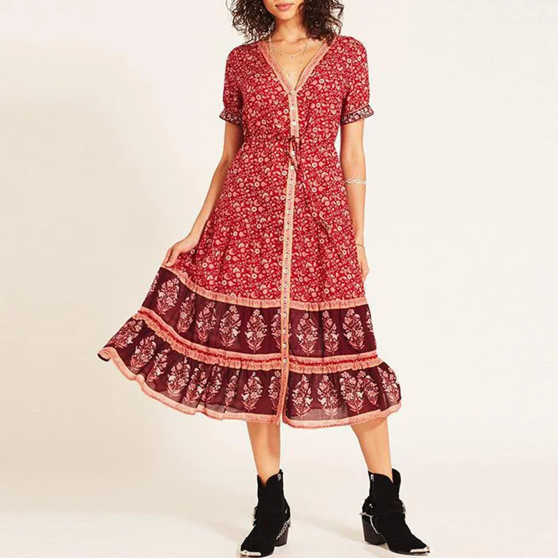 

5XL Plus size Autumn Women Fashion Short Sleeve buttons decor V-neck Chiffon Boho floral Printed midi calf a line Dresses 2019