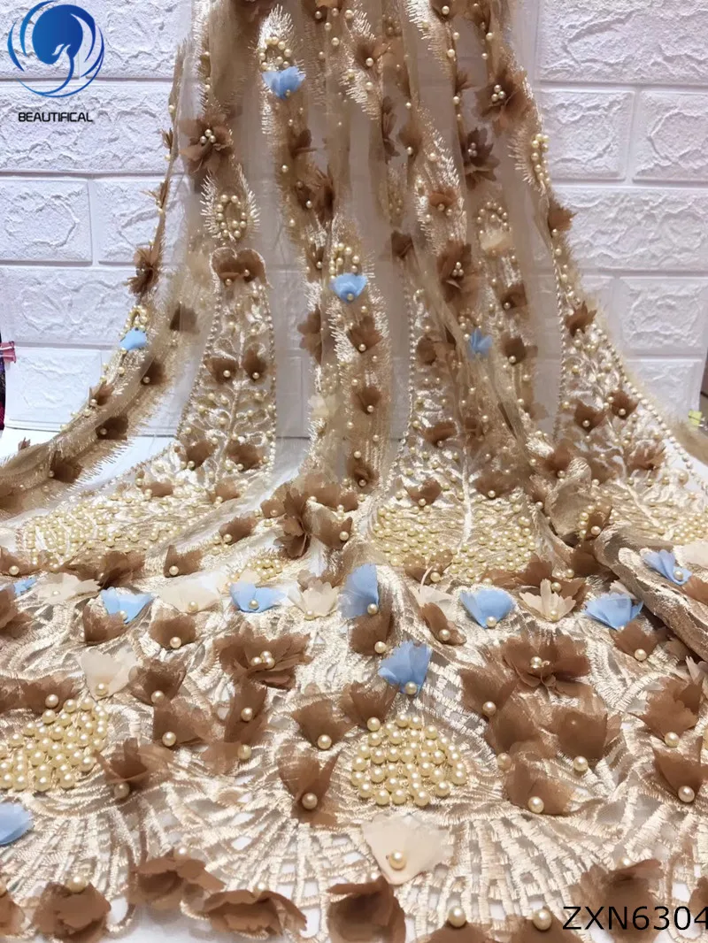 

BEAUTIFICAL coffee lace fabric 3d lace flower aplique beaded 3d lace fabric 2018 high quality lace best sales for women ZXN63