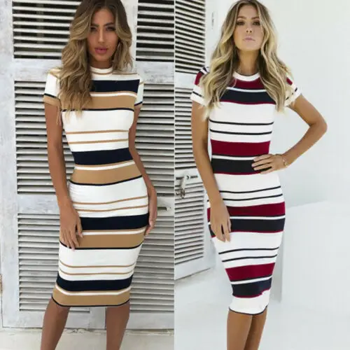 

Sexy Women Summer Stripe Dress Sleeveless Bodycon Casual Lady Party Evening Basic Dress