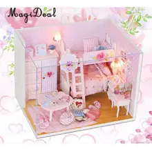DIY кукольный домик Миниатюрный комплект с мебели, светодиодный светло-розовый принцесса спальня подарок для детей