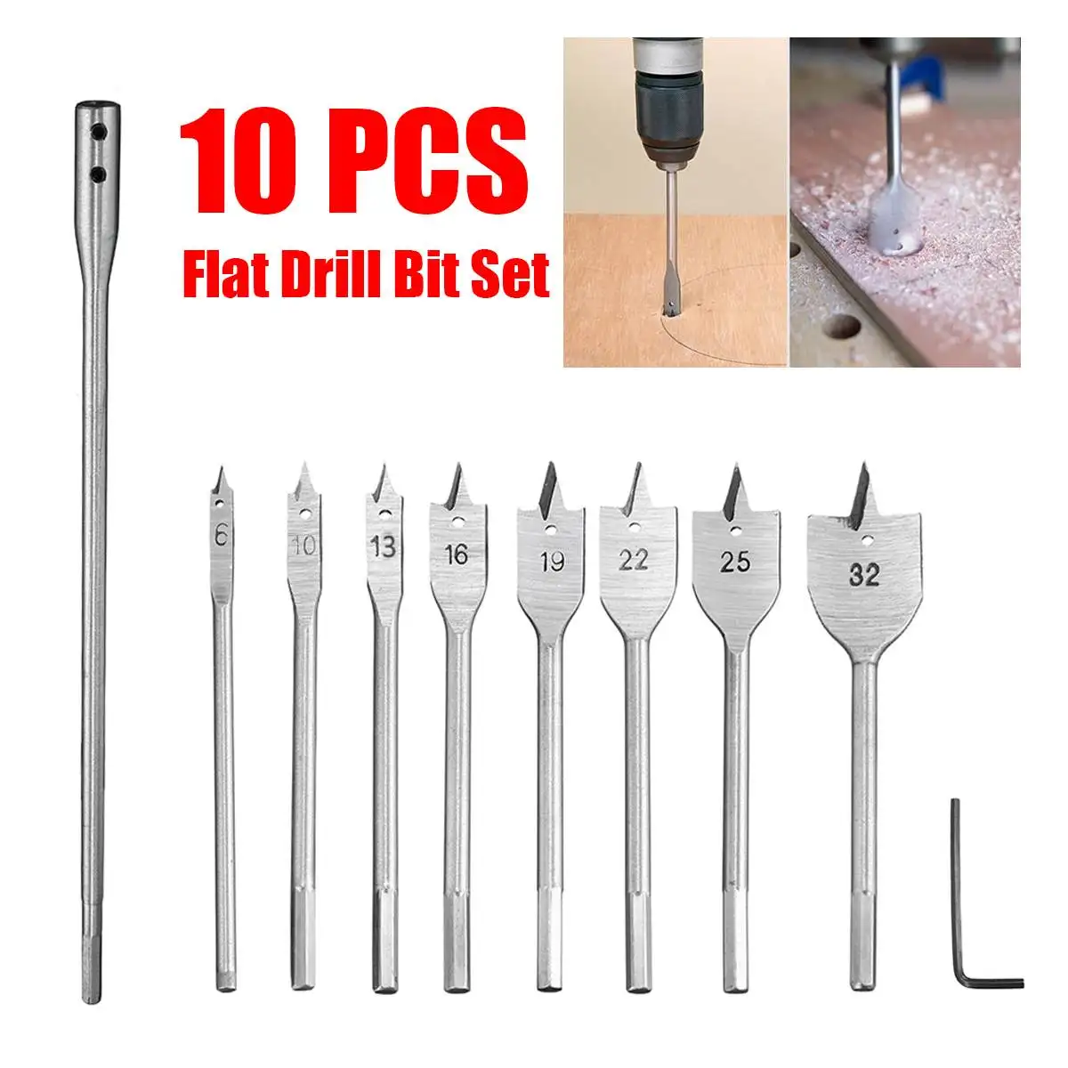 

10pcs/set 6-32mm Flat Drills HSS High Speed Steel Woodworking Flat Drill Bit W/ 12" Extension Shank HEX Hole Cutting Wood Tool
