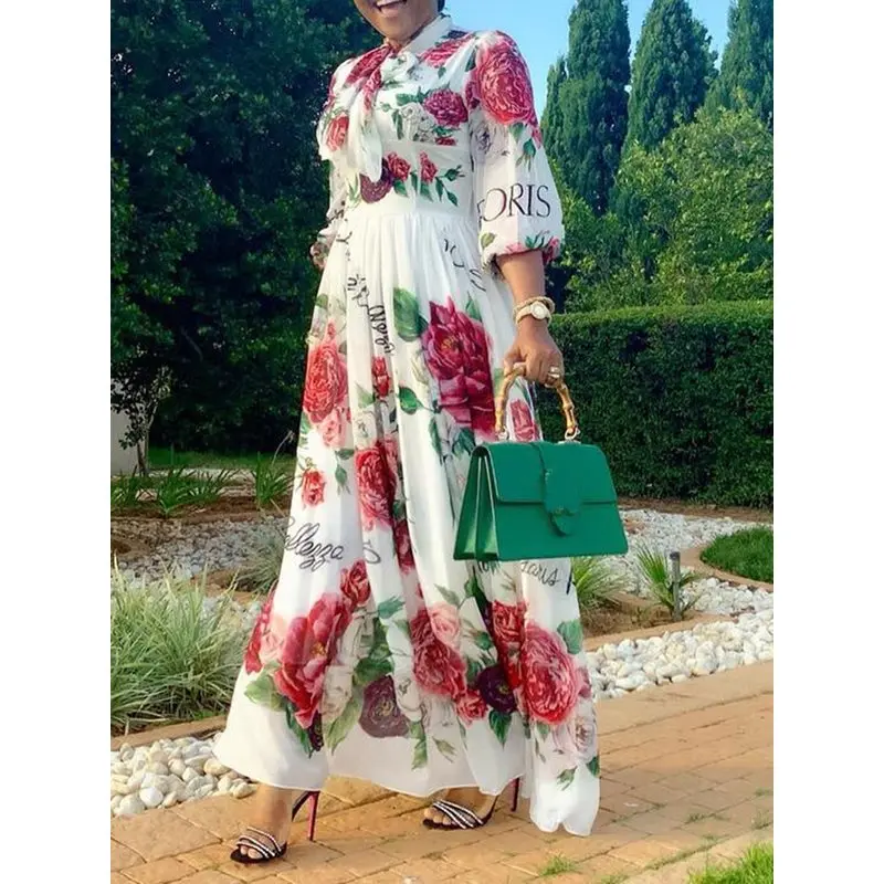 

Summer White Travel Beach Sweet Sexy Party Women Long Dresses Plus Size OL Ladies Floral Print High Street Female Maxi Dress
