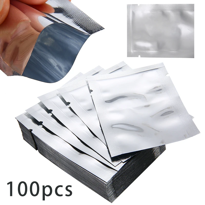 

100pcs Reusable Silver Aluminum Foil Bags Vacuum Sealer Storage Pouches 7*5cm for Home Kitchen Food Candy Cookies