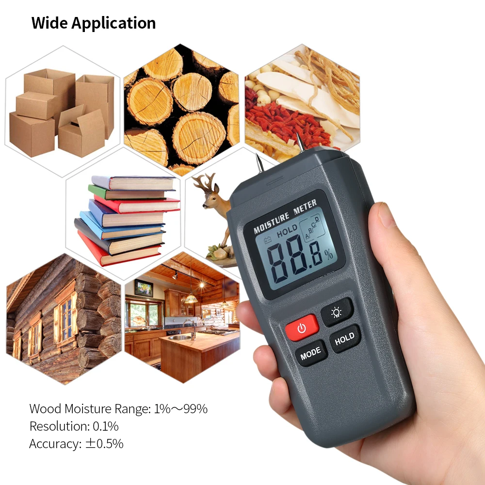 

Digital Wood Moisture Meter Handheld LCD Lumber Damp Detector Timber Humidity Content Tester Range 1%~99% with 2 Pin Probe