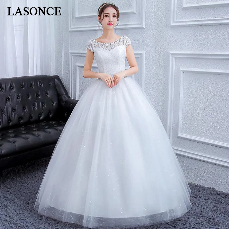 

LASONCE Crystal Flowers O Neck Sequined Backless Ball Gown Wedding Dresses Lace Appliques Short Cap Sleeve Bridal Dress