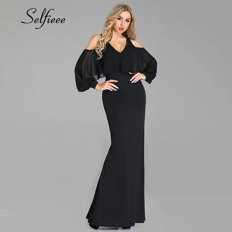 

New Fashion Mermaid V Neck Off Shoulder Black Party Dress Elegant Batwing Sleeve Long Formal Women Dress Sexy Chiffon Vestidos